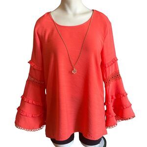 NY Collection Blouse Top  Women's Size Medium Boho Crochet Trim Coral Necklace
